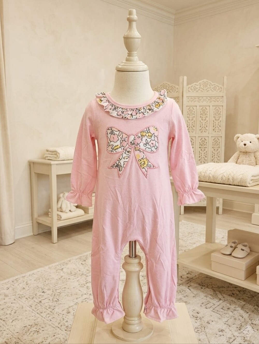 Sassy Kids Pink Floral Bow Applique Romper Sz 6-12M - Picture 1 of 5